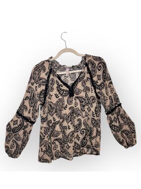 Knox Rose Beige Black Paisley Romantic Bohemian Peasant Blouse Large